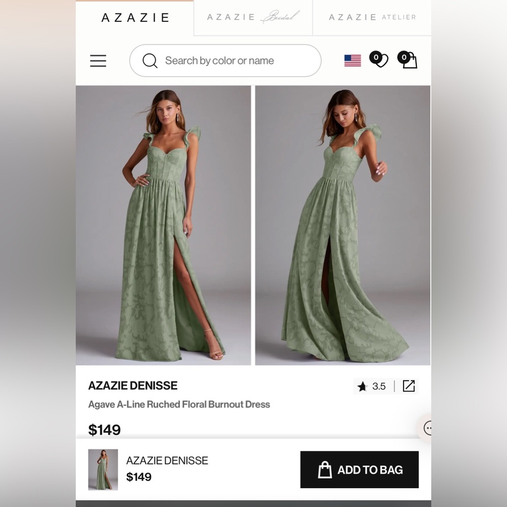 Azazie Denisse Green A-Line Dress, color agave, size A8, new with tags